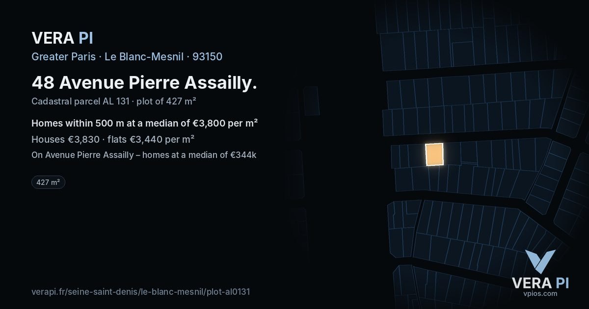 48 Avenue Pierre Assailly, Le Blanc-Mesnil at night – the plot lit, the parcels around coloured by the prices near them