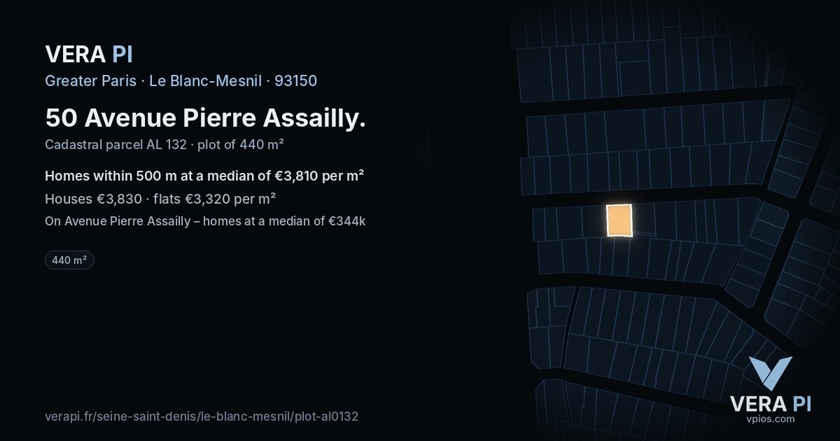 50 Avenue Pierre Assailly, Le Blanc-Mesnil at night – the plot lit, the parcels around coloured by the prices near them