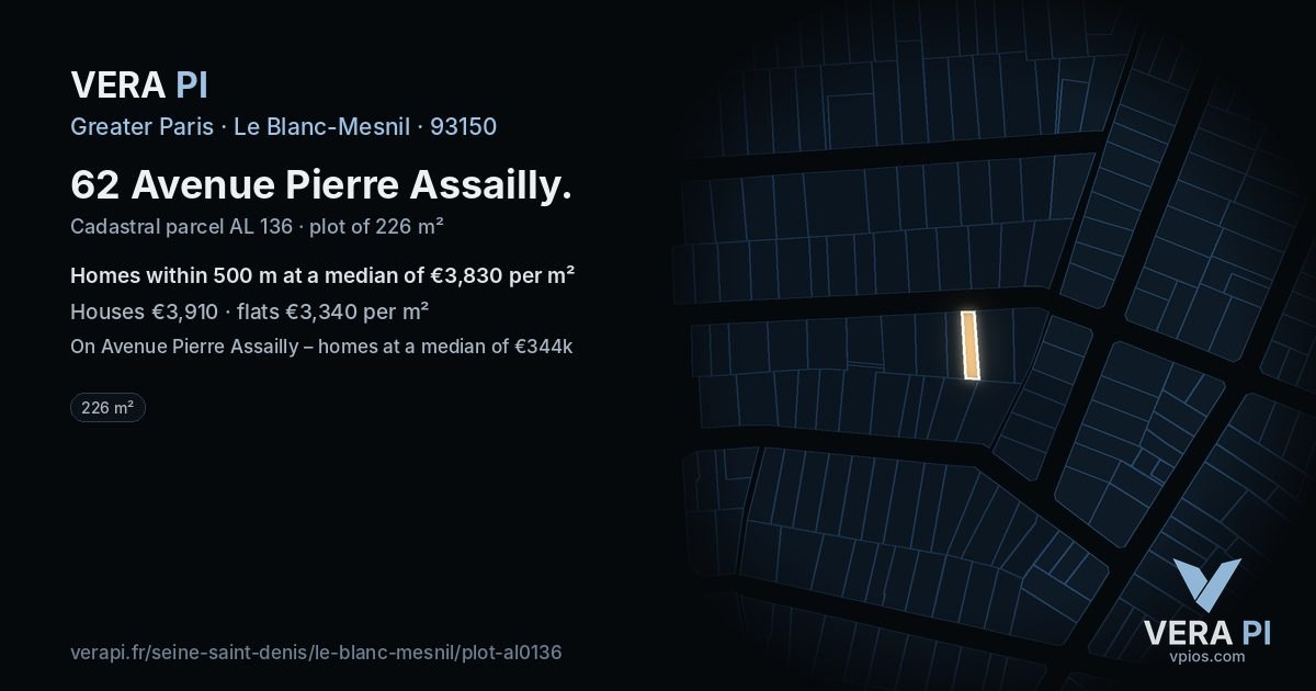 62 Avenue Pierre Assailly, Le Blanc-Mesnil at night – the plot lit, the parcels around coloured by the prices near them