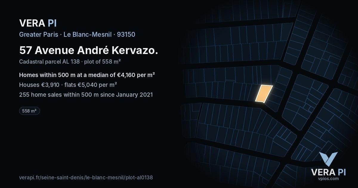 57 Avenue André Kervazo, Le Blanc-Mesnil at night – the plot lit, the parcels around coloured by the prices near them