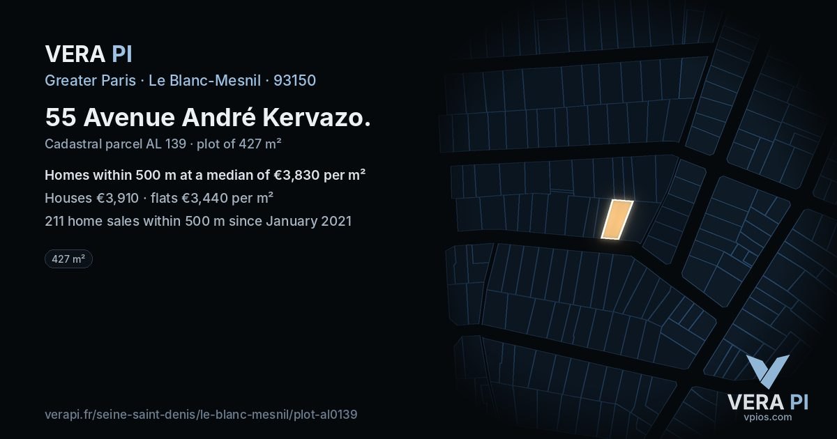 55 Avenue André Kervazo, Le Blanc-Mesnil at night – the plot lit, the parcels around coloured by the prices near them