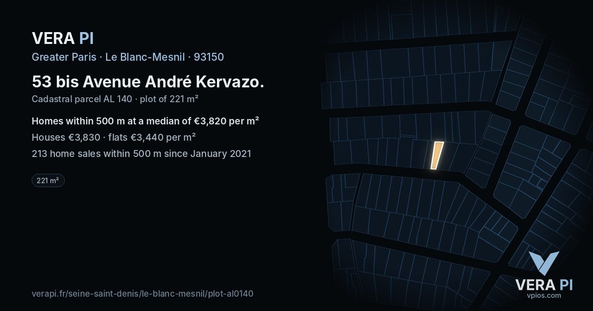 53 bis Avenue André Kervazo, Le Blanc-Mesnil at night – the plot lit, the parcels around coloured by the prices near them