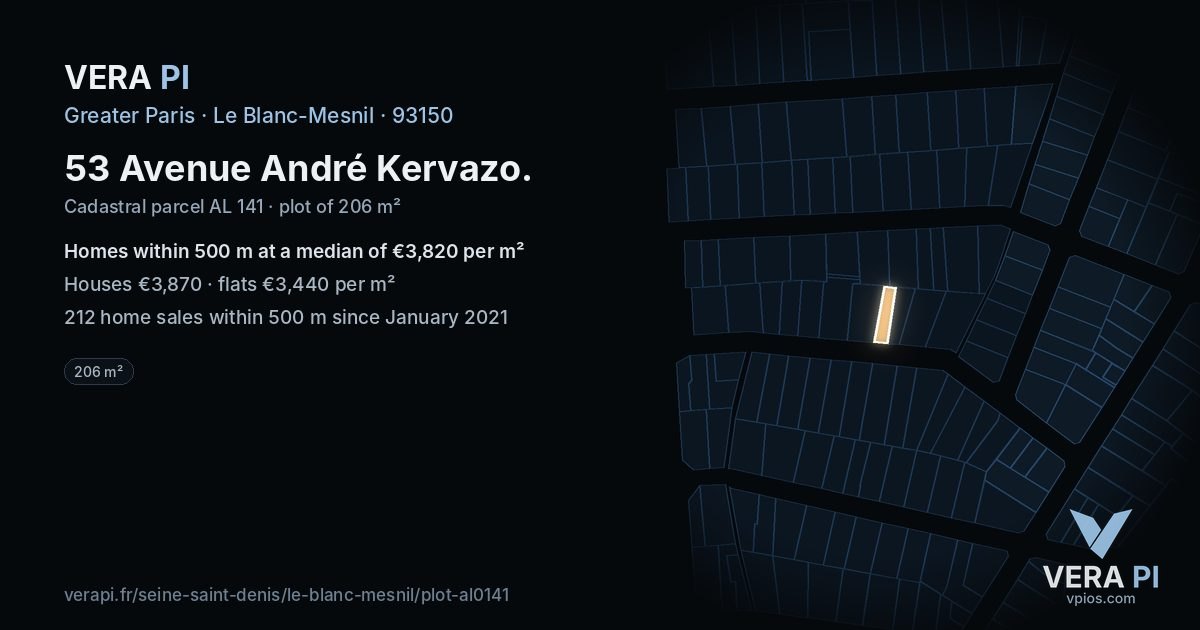 53 Avenue André Kervazo, Le Blanc-Mesnil at night – the plot lit, the parcels around coloured by the prices near them