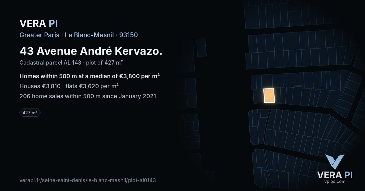 43 Avenue André Kervazo, Le Blanc-Mesnil at night – the plot lit, the parcels around coloured by the prices near them