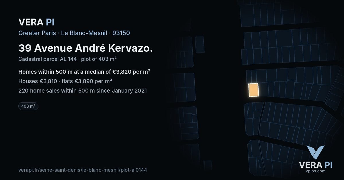 39 Avenue André Kervazo, Le Blanc-Mesnil at night – the plot lit, the parcels around coloured by the prices near them