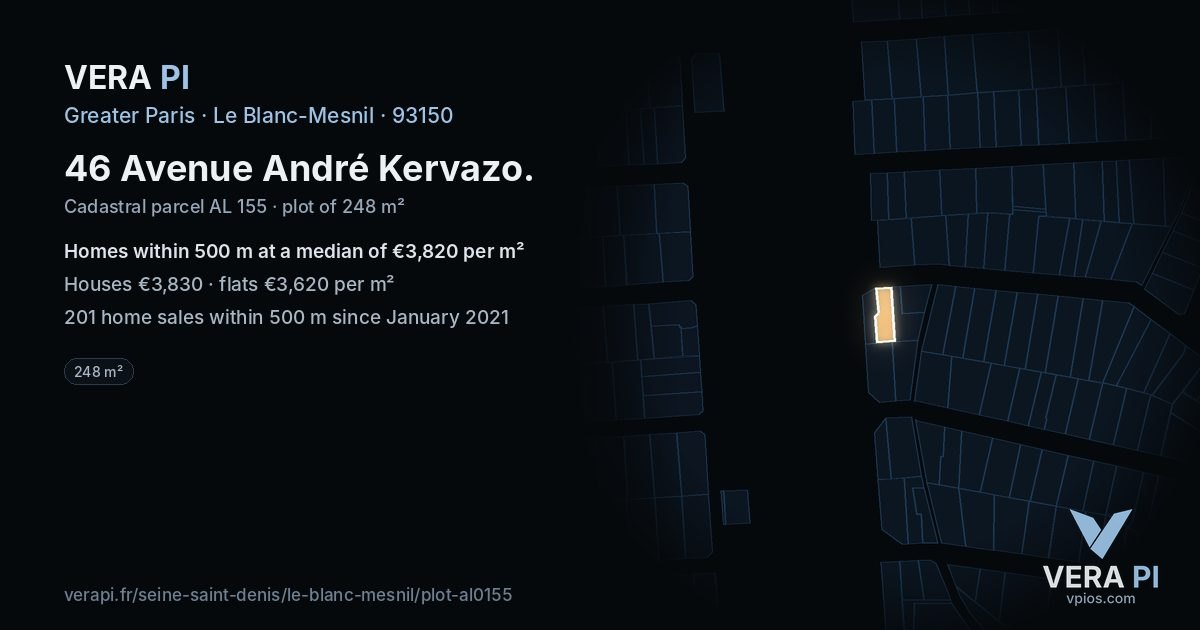 46 Avenue André Kervazo, Le Blanc-Mesnil at night – the plot lit, the parcels around coloured by the prices near them