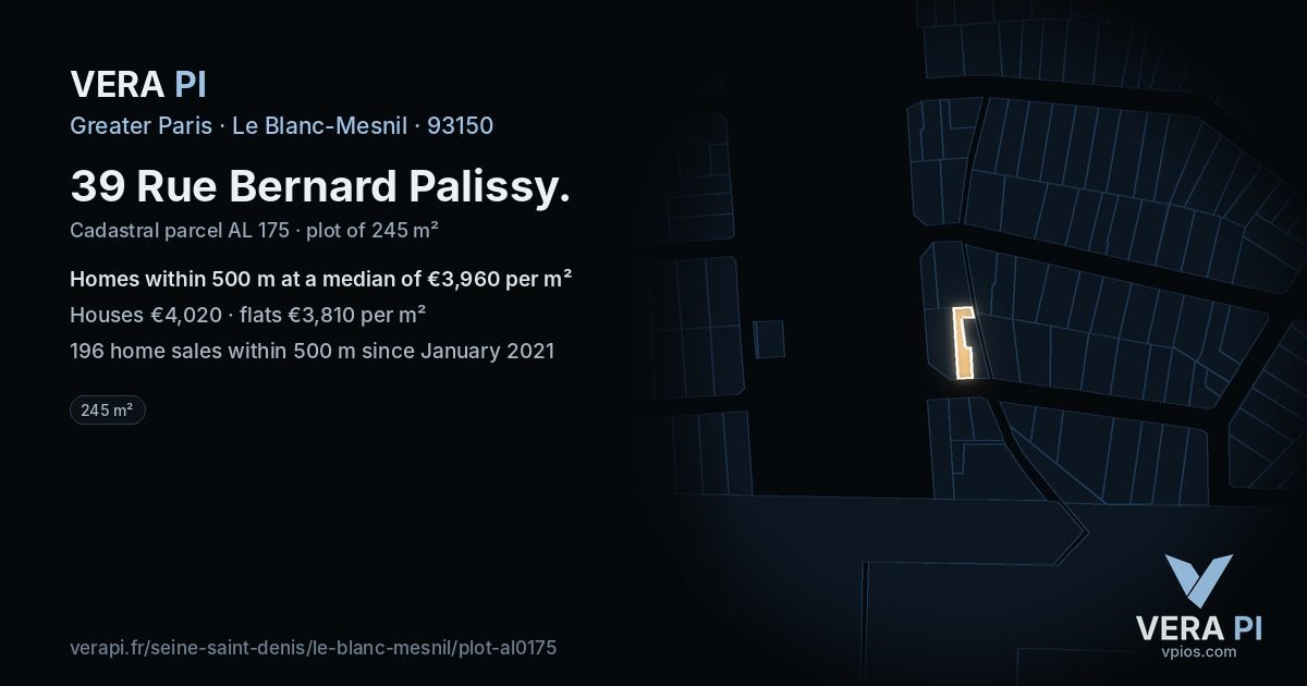 39 Rue Bernard Palissy, Le Blanc-Mesnil at night – the plot lit, the parcels around coloured by the prices near them