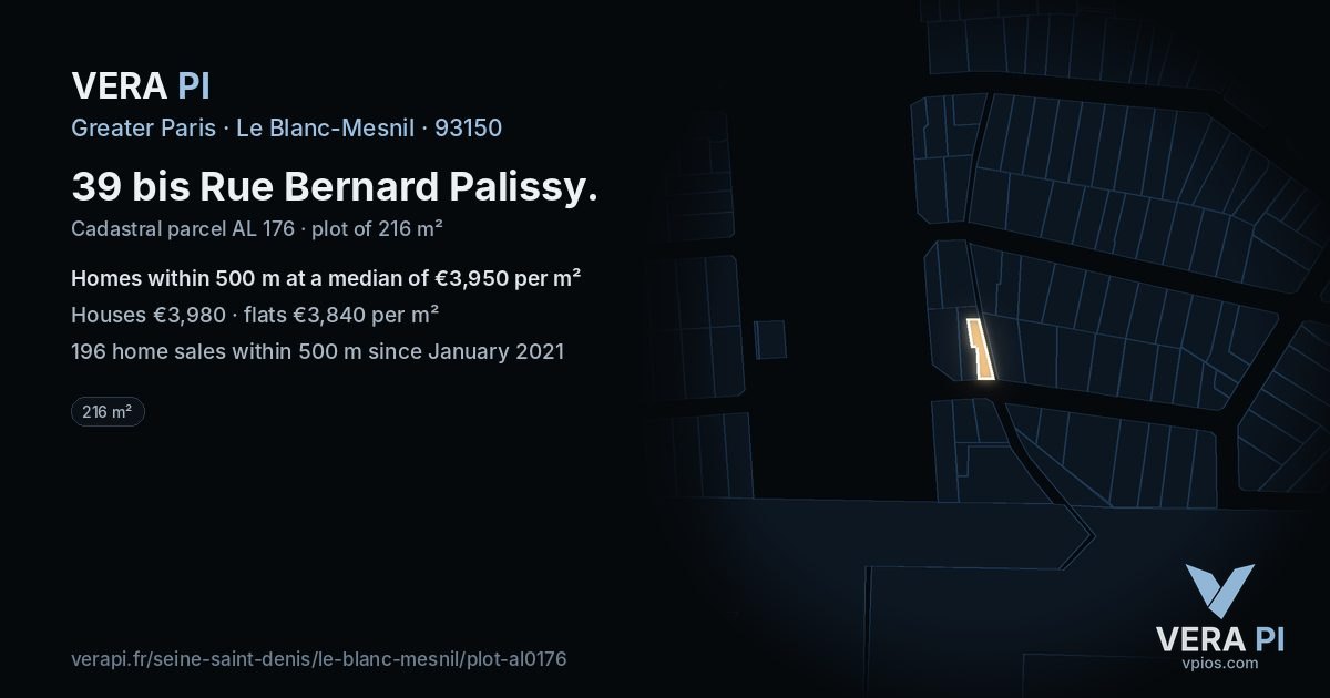 39 bis Rue Bernard Palissy, Le Blanc-Mesnil at night – the plot lit, the parcels around coloured by the prices near them