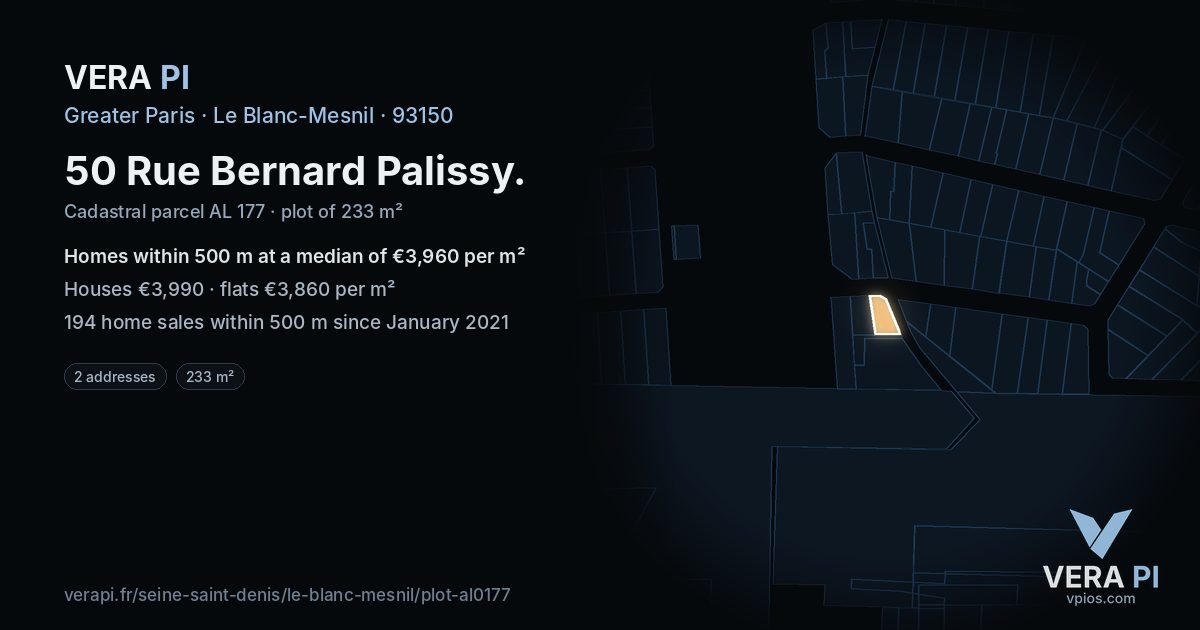 50 Rue Bernard Palissy, Le Blanc-Mesnil at night – the plot lit, the parcels around coloured by the prices near them