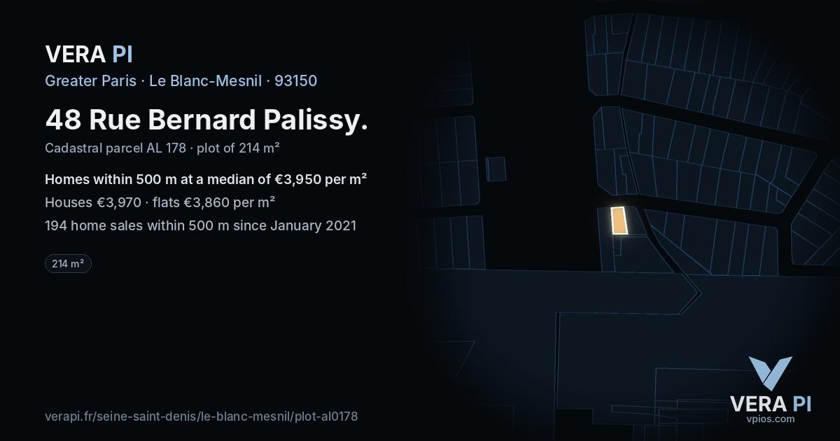 48 Rue Bernard Palissy, Le Blanc-Mesnil at night – the plot lit, the parcels around coloured by the prices near them