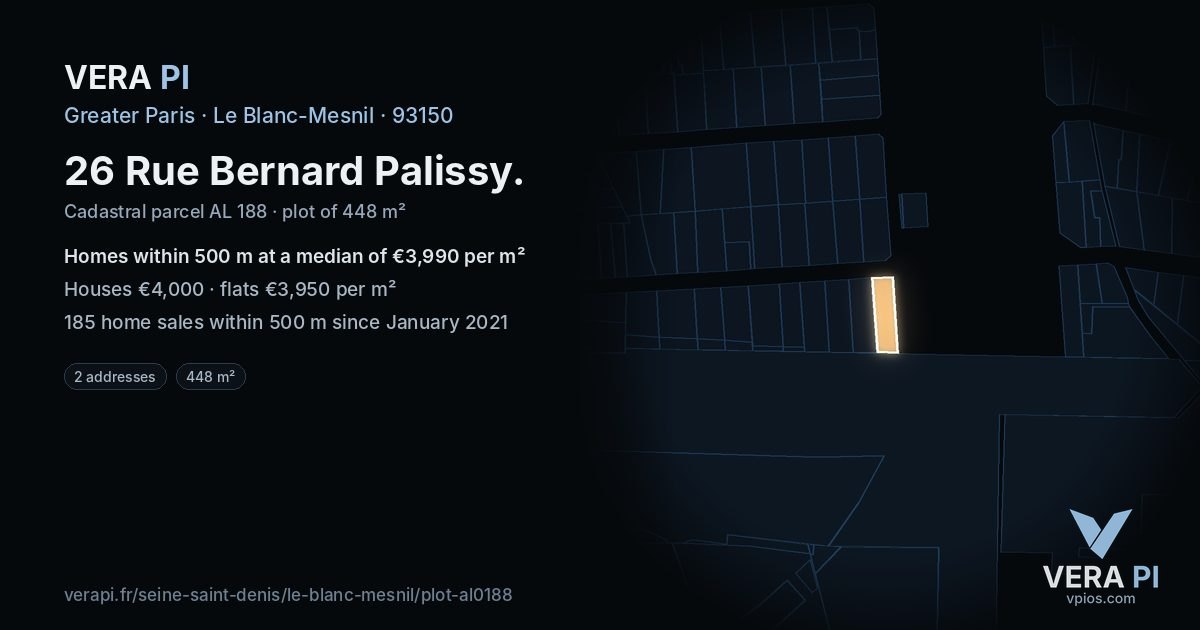 26 Rue Bernard Palissy, Le Blanc-Mesnil at night – the plot lit, the parcels around coloured by the prices near them