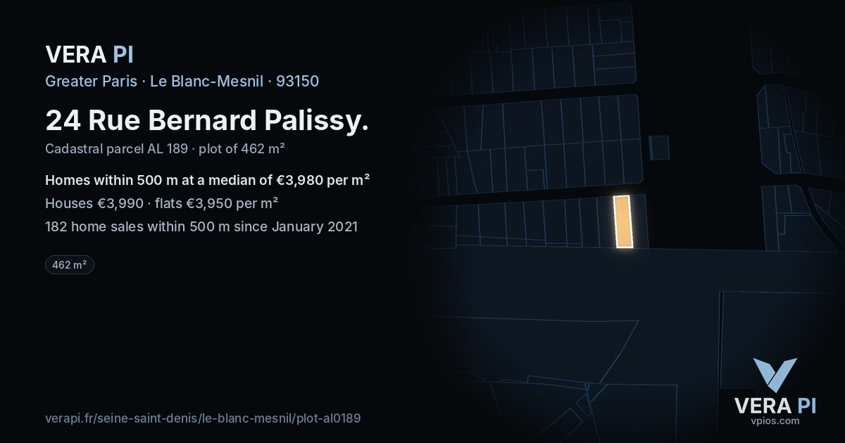 24 Rue Bernard Palissy, Le Blanc-Mesnil at night – the plot lit, the parcels around coloured by the prices near them