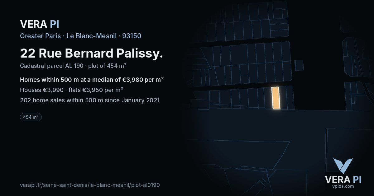 22 Rue Bernard Palissy, Le Blanc-Mesnil at night – the plot lit, the parcels around coloured by the prices near them