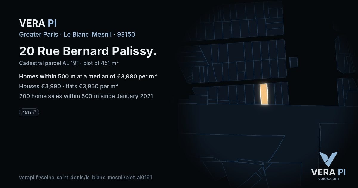 20 Rue Bernard Palissy, Le Blanc-Mesnil at night – the plot lit, the parcels around coloured by the prices near them