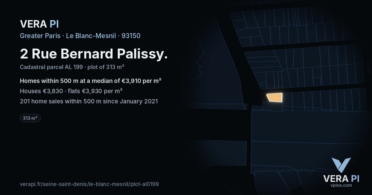 2 Rue Bernard Palissy, Le Blanc-Mesnil at night – the plot lit, the parcels around coloured by the prices near them