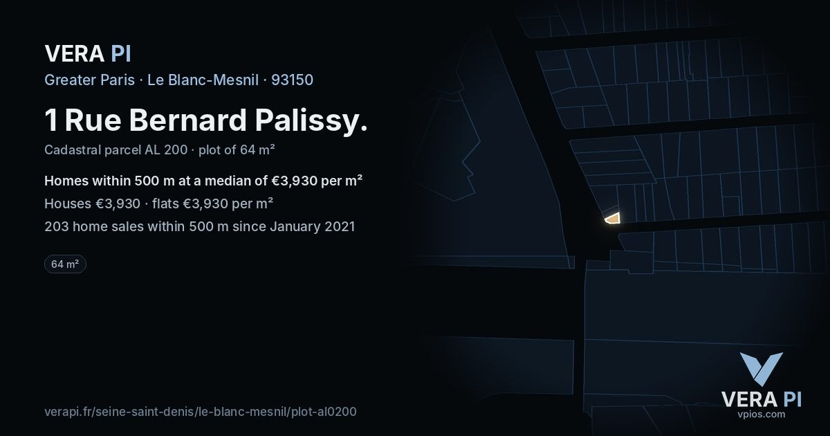 1 Rue Bernard Palissy, Le Blanc-Mesnil at night – the plot lit, the parcels around coloured by the prices near them