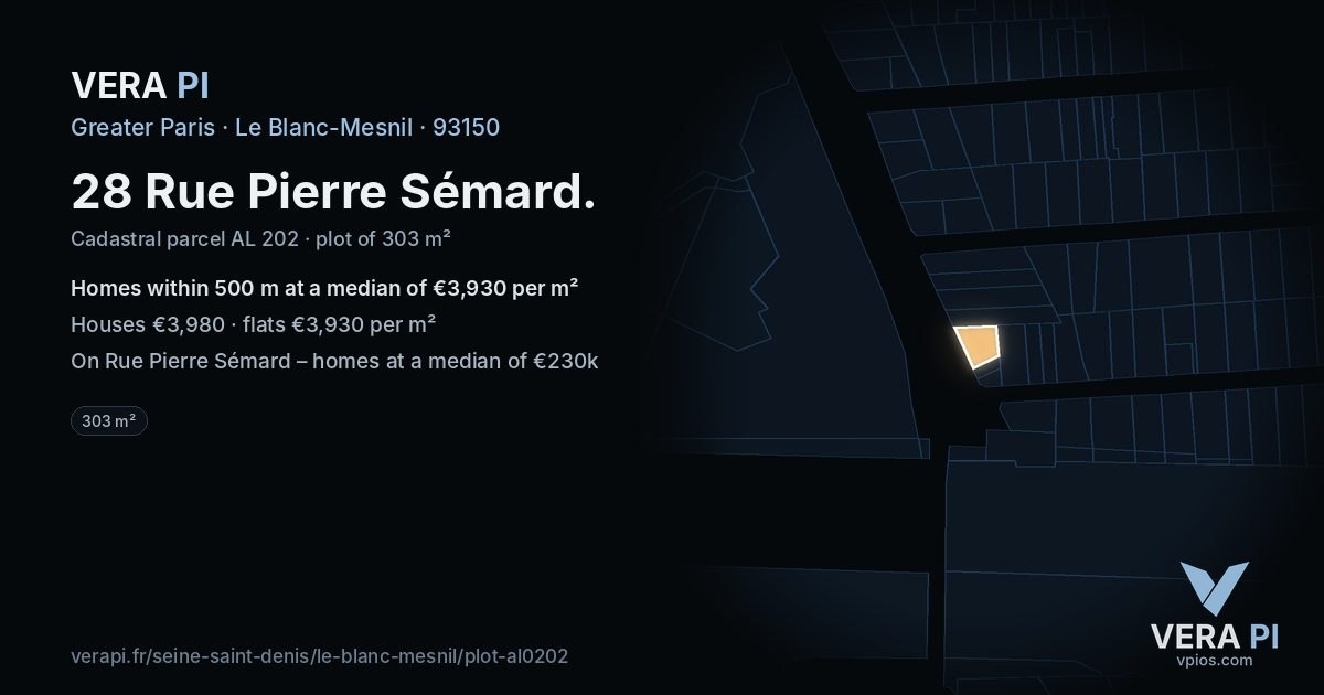 28 Rue Pierre Sémard, Le Blanc-Mesnil at night – the plot lit, the parcels around coloured by the prices near them