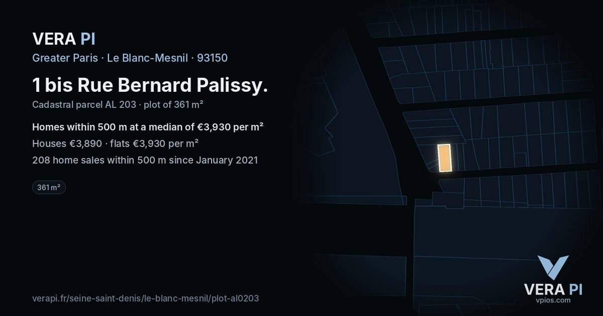 1 bis Rue Bernard Palissy, Le Blanc-Mesnil at night – the plot lit, the parcels around coloured by the prices near them