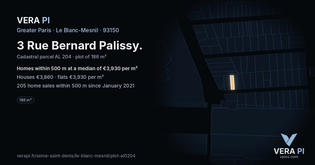 3 Rue Bernard Palissy, Le Blanc-Mesnil at night – the plot lit, the parcels around coloured by the prices near them