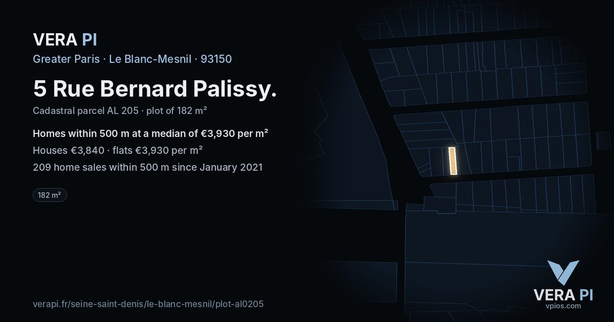 5 Rue Bernard Palissy, Le Blanc-Mesnil at night – the plot lit, the parcels around coloured by the prices near them