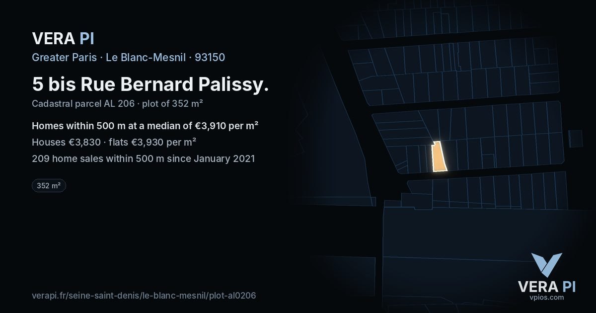 5 bis Rue Bernard Palissy, Le Blanc-Mesnil at night – the plot lit, the parcels around coloured by the prices near them