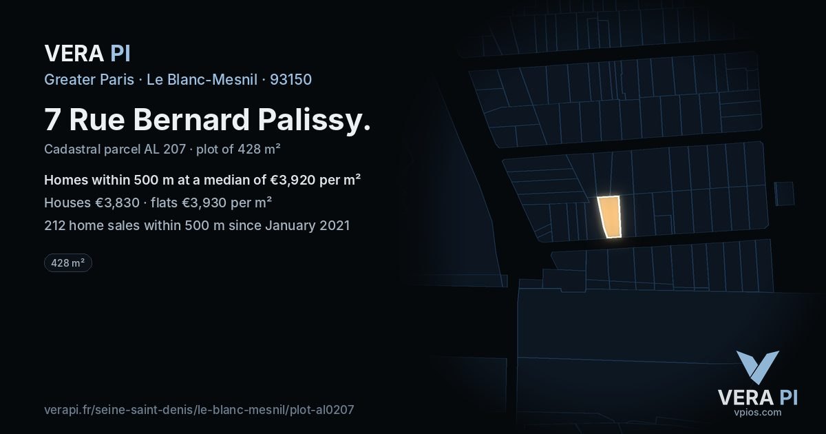7 Rue Bernard Palissy, Le Blanc-Mesnil at night – the plot lit, the parcels around coloured by the prices near them