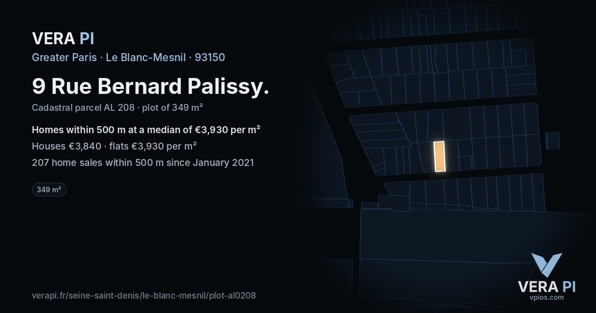 9 Rue Bernard Palissy, Le Blanc-Mesnil at night – the plot lit, the parcels around coloured by the prices near them