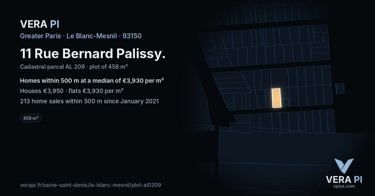 11 Rue Bernard Palissy, Le Blanc-Mesnil at night – the plot lit, the parcels around coloured by the prices near them