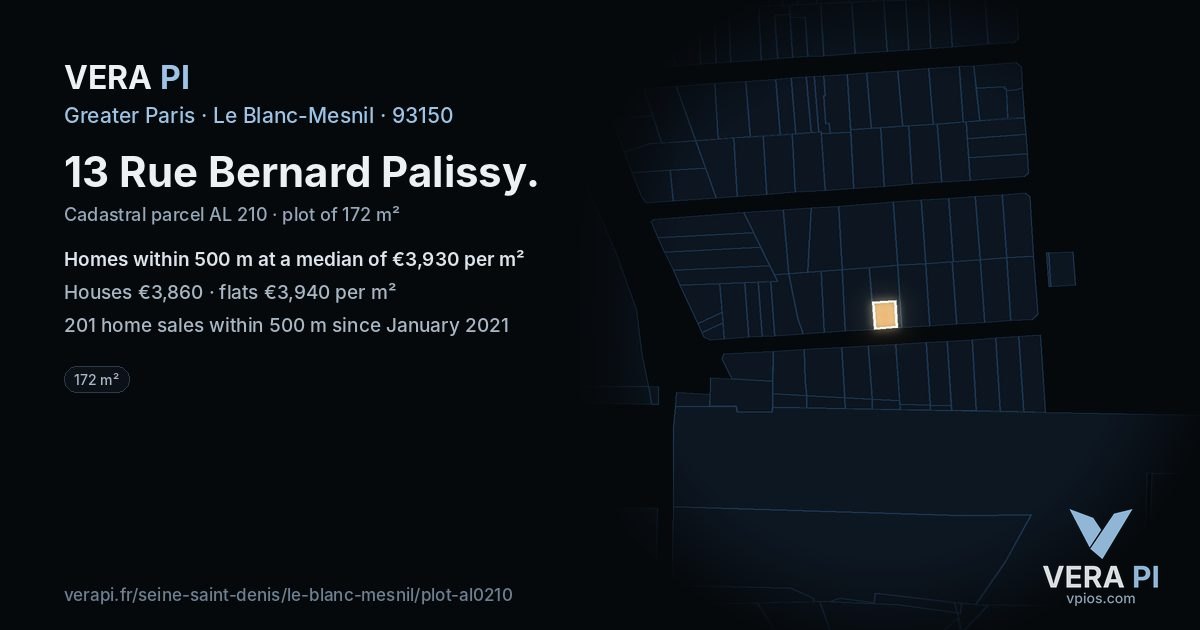 13 Rue Bernard Palissy, Le Blanc-Mesnil at night – the plot lit, the parcels around coloured by the prices near them