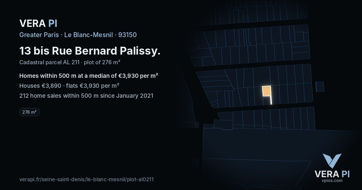 13 bis Rue Bernard Palissy, Le Blanc-Mesnil at night – the plot lit, the parcels around coloured by the prices near them