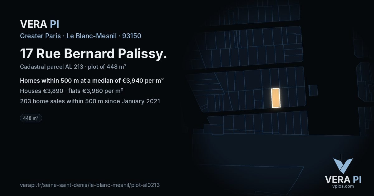 17 Rue Bernard Palissy, Le Blanc-Mesnil at night – the plot lit, the parcels around coloured by the prices near them