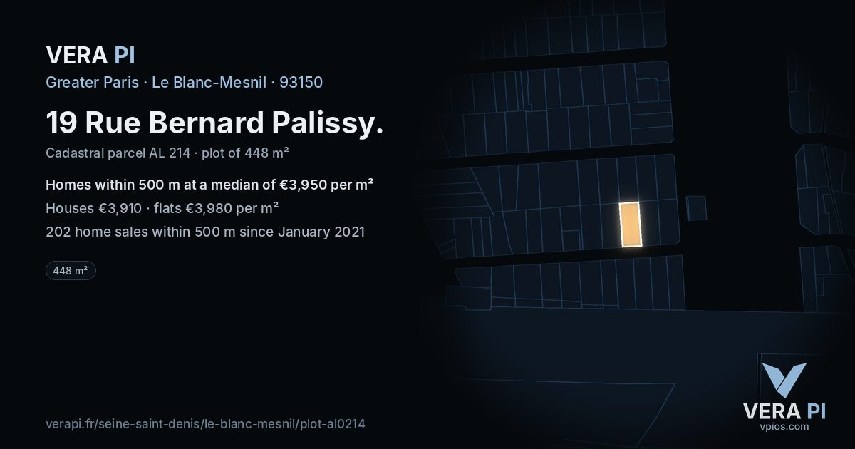 19 Rue Bernard Palissy, Le Blanc-Mesnil at night – the plot lit, the parcels around coloured by the prices near them