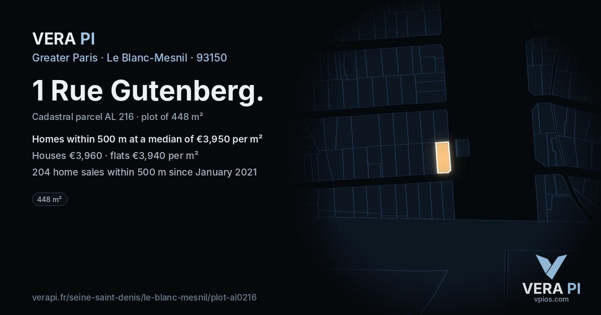 1 Rue Gutenberg, Le Blanc-Mesnil at night – the plot lit, the parcels around coloured by the prices near them