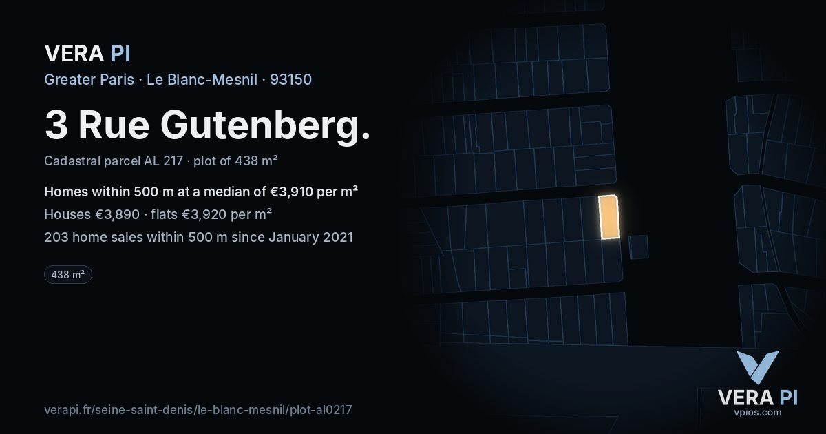 3 Rue Gutenberg, Le Blanc-Mesnil at night – the plot lit, the parcels around coloured by the prices near them