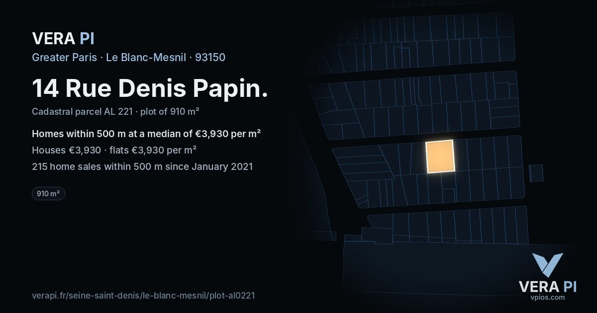 14 Rue Denis Papin, Le Blanc-Mesnil at night – the plot lit, the parcels around coloured by the prices near them