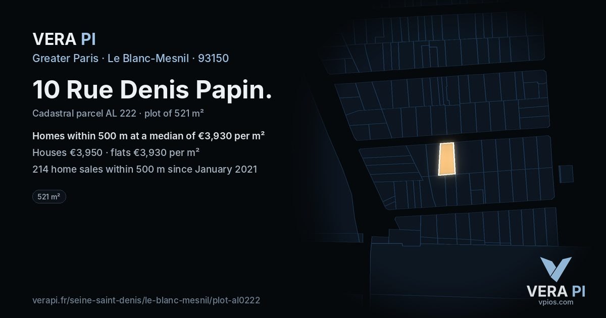 10 Rue Denis Papin, Le Blanc-Mesnil at night – the plot lit, the parcels around coloured by the prices near them