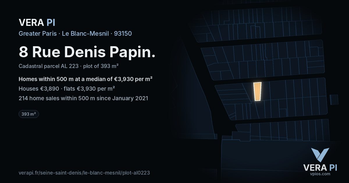 8 Rue Denis Papin, Le Blanc-Mesnil at night – the plot lit, the parcels around coloured by the prices near them