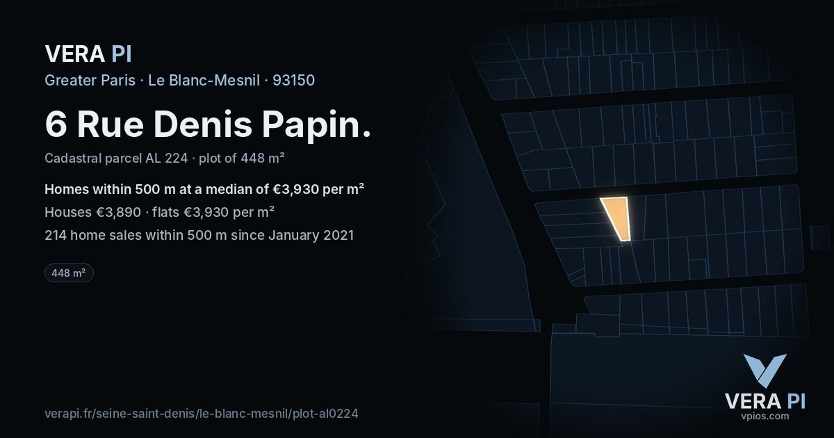 6 Rue Denis Papin, Le Blanc-Mesnil at night – the plot lit, the parcels around coloured by the prices near them
