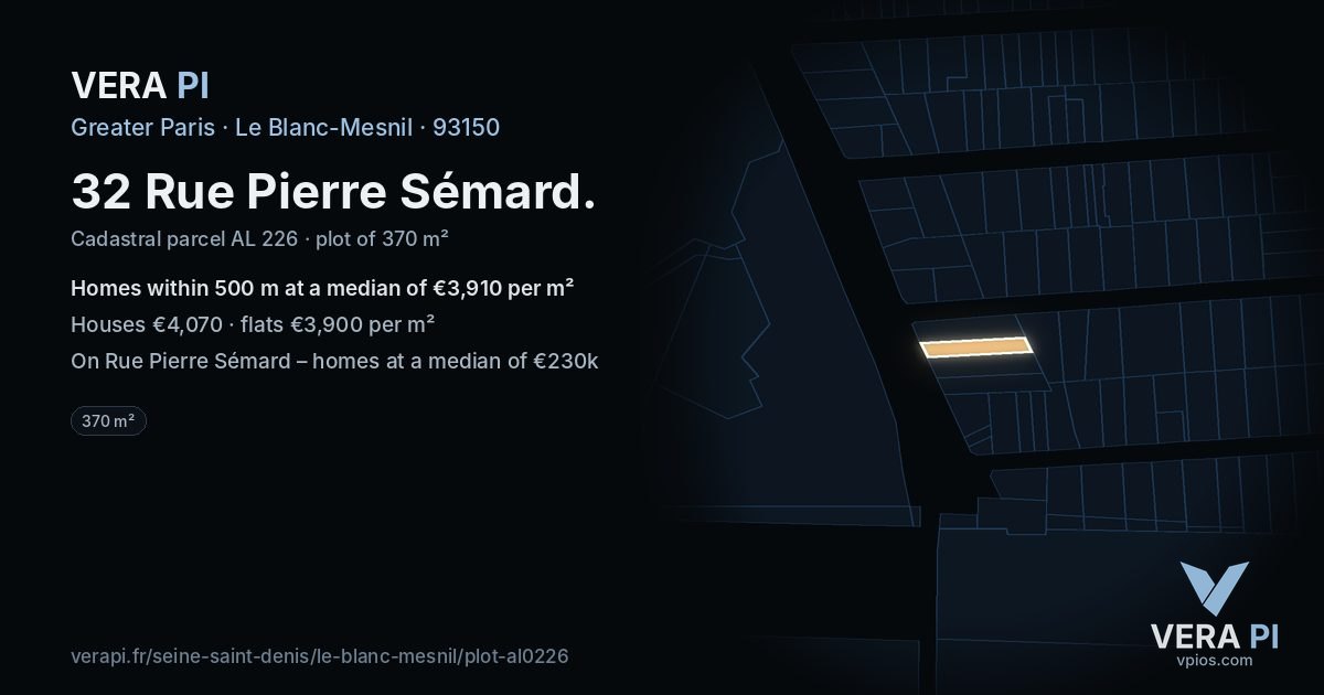 32 Rue Pierre Sémard, Le Blanc-Mesnil at night – the plot lit, the parcels around coloured by the prices near them