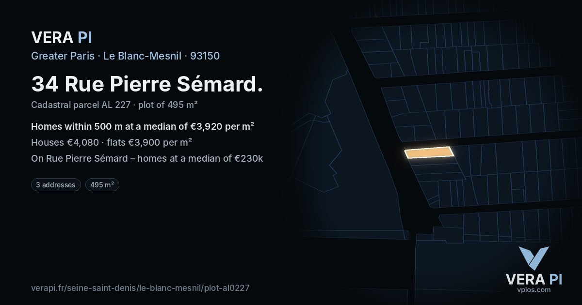 34 Rue Pierre Sémard, Le Blanc-Mesnil at night – the plot lit, the parcels around coloured by the prices near them