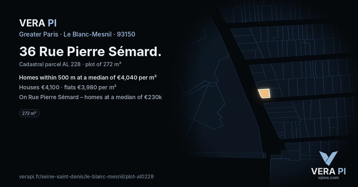 36 Rue Pierre Sémard, Le Blanc-Mesnil at night – the plot lit, the parcels around coloured by the prices near them