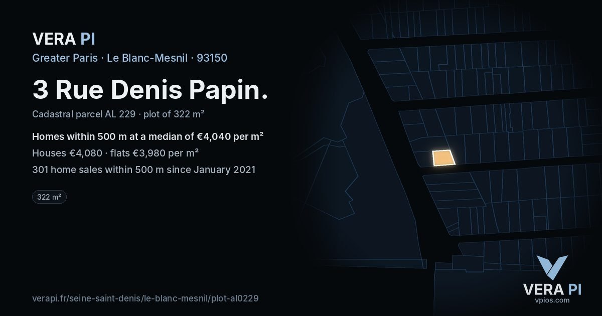 3 Rue Denis Papin, Le Blanc-Mesnil at night – the plot lit, the parcels around coloured by the prices near them
