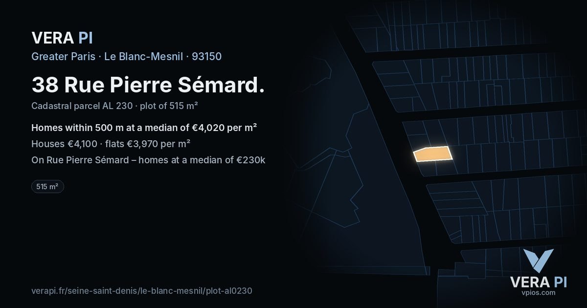 38 Rue Pierre Sémard, Le Blanc-Mesnil at night – the plot lit, the parcels around coloured by the prices near them