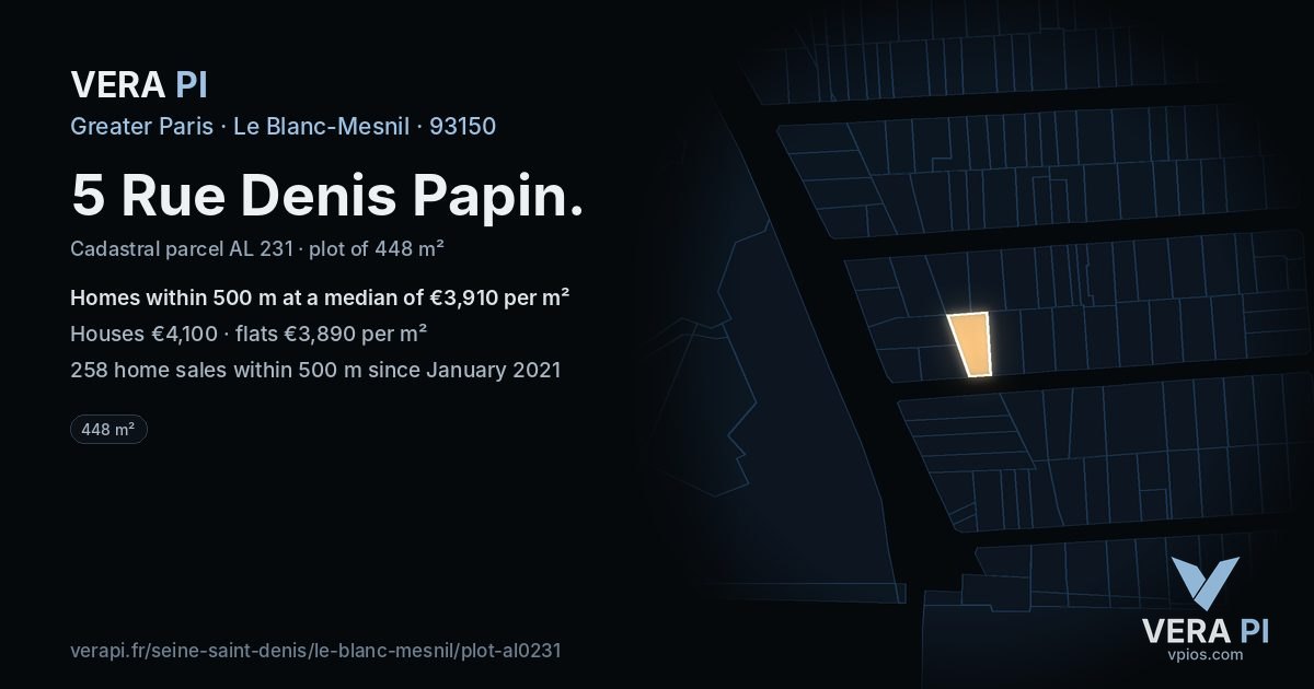 5 Rue Denis Papin, Le Blanc-Mesnil at night – the plot lit, the parcels around coloured by the prices near them