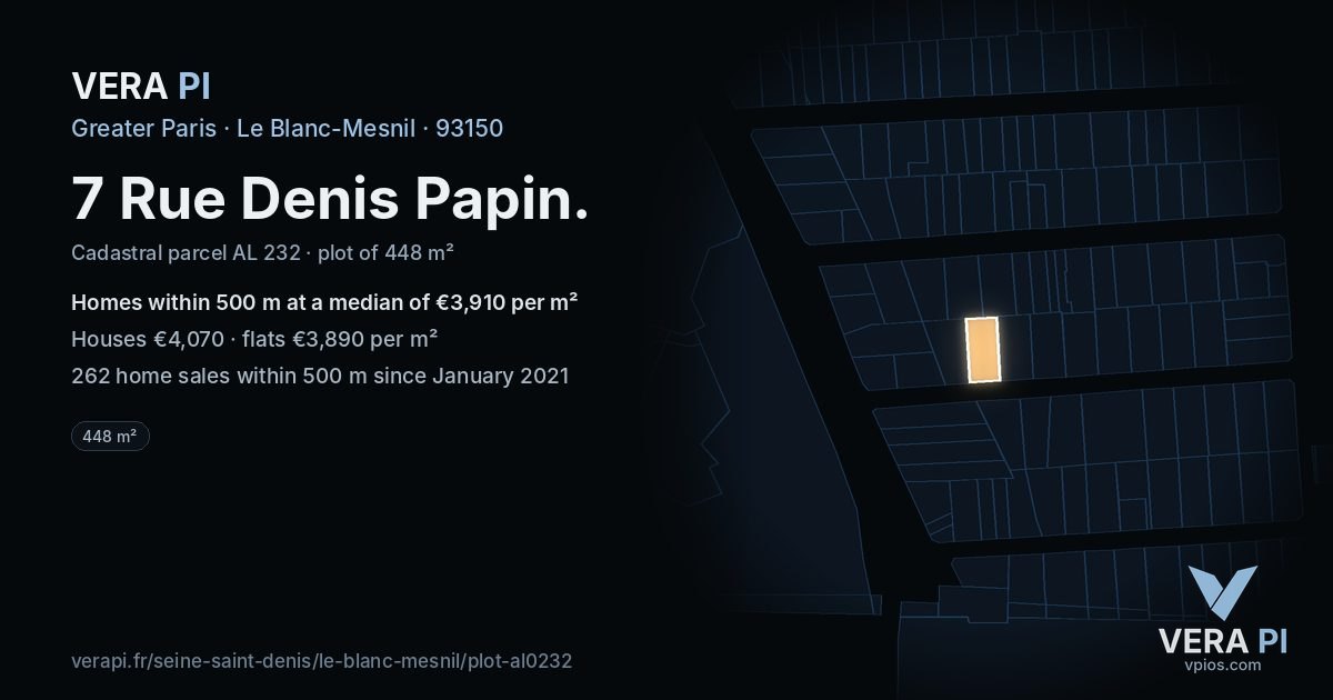 7 Rue Denis Papin, Le Blanc-Mesnil at night – the plot lit, the parcels around coloured by the prices near them