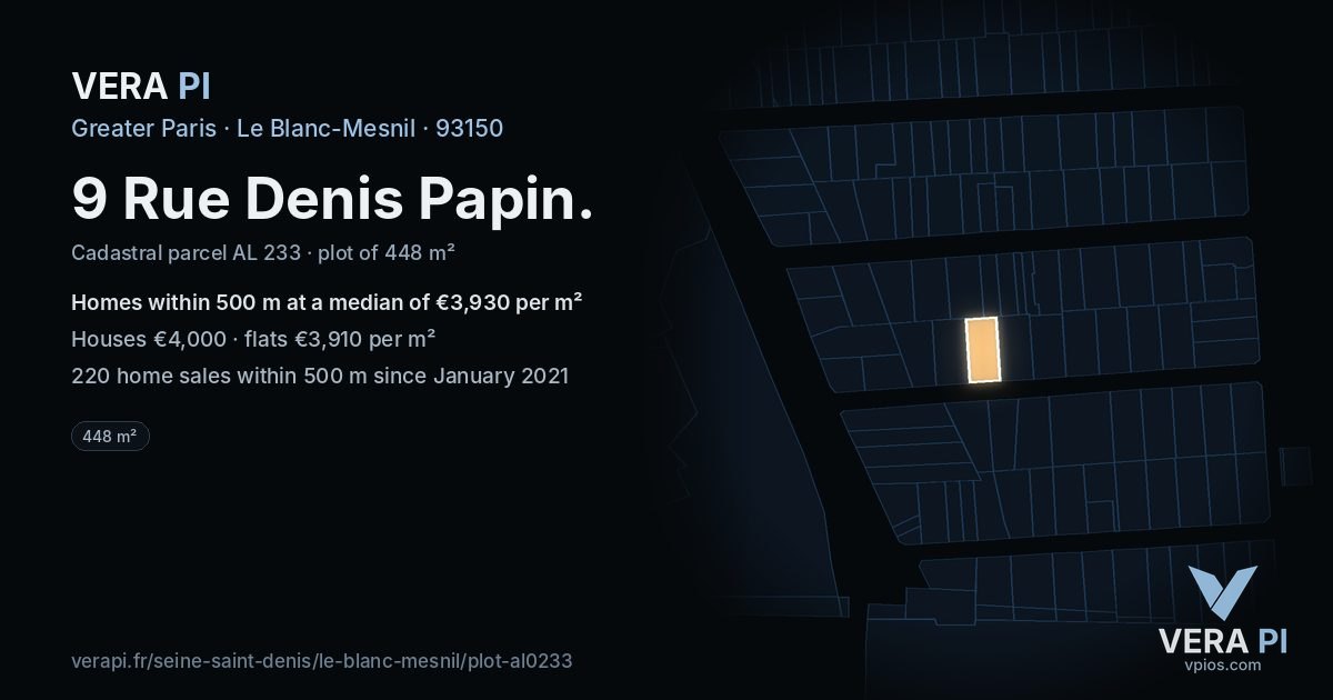 9 Rue Denis Papin, Le Blanc-Mesnil at night – the plot lit, the parcels around coloured by the prices near them