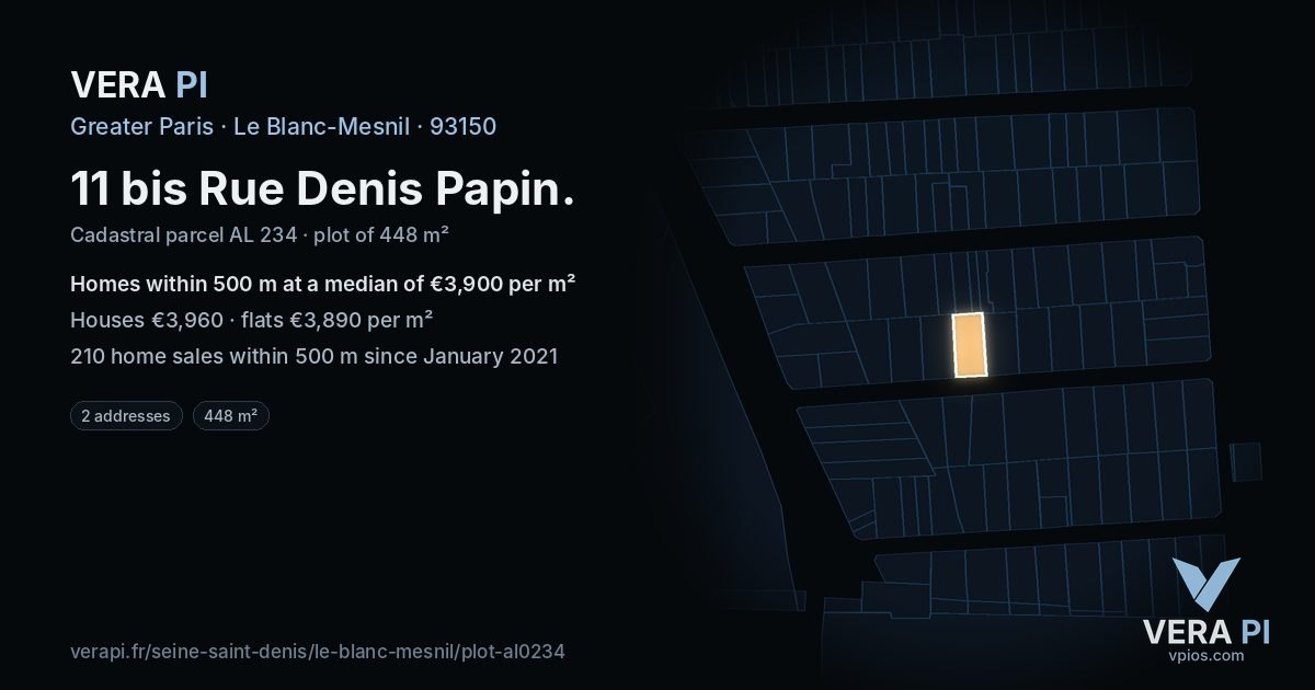 11 bis Rue Denis Papin, Le Blanc-Mesnil at night – the plot lit, the parcels around coloured by the prices near them