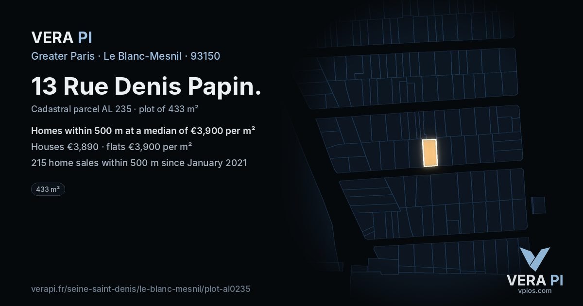 13 Rue Denis Papin, Le Blanc-Mesnil at night – the plot lit, the parcels around coloured by the prices near them