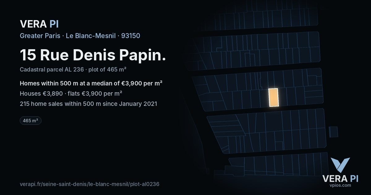 15 Rue Denis Papin, Le Blanc-Mesnil at night – the plot lit, the parcels around coloured by the prices near them