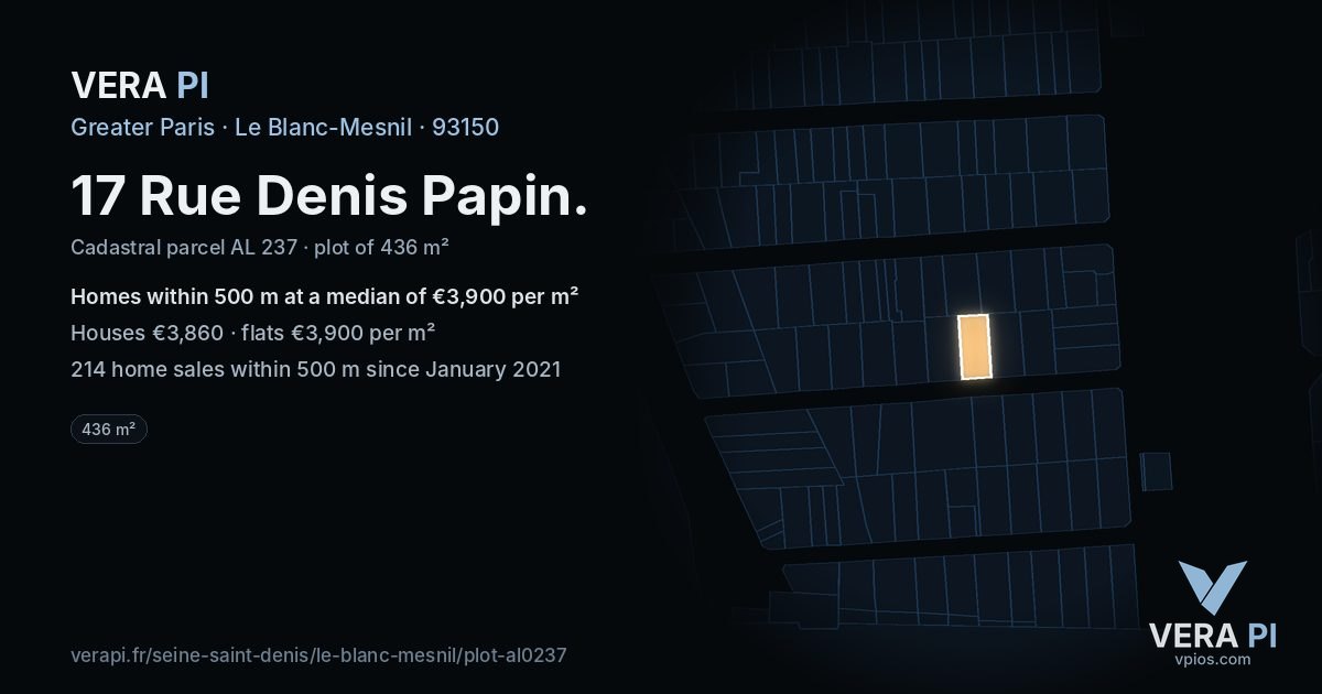 17 Rue Denis Papin, Le Blanc-Mesnil at night – the plot lit, the parcels around coloured by the prices near them
